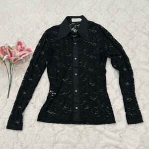 Andres Black Lace Button Down Shirt w/Silk Trim, Size S